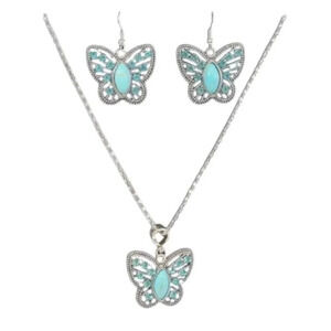 Blue Butterfly Rhinestone Earrings and Necklace Set